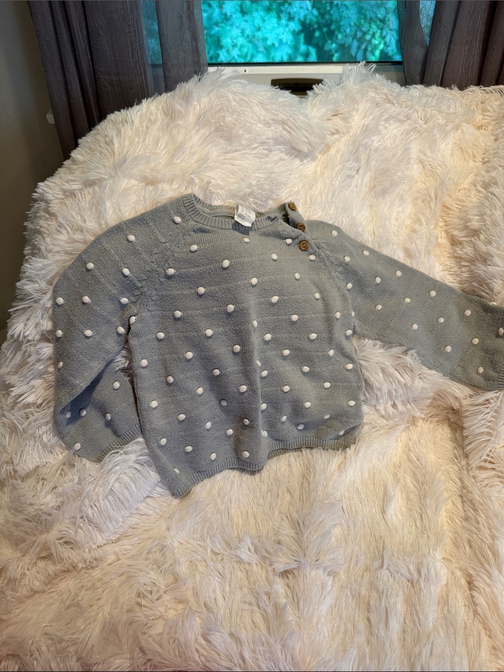 H&M Light Gray Knit Sweater with White Pom-Poms